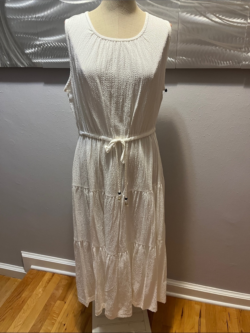 Calvin Klein Cream Sleeveless Tiered Maxi Dress with Tie Waist